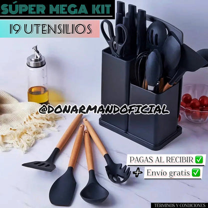 Kit de 19 utensilios de cocina con mango de madera y silicona negra en soporte organizador