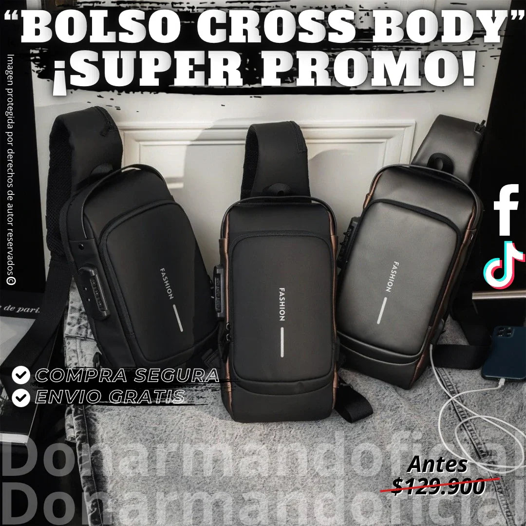 Tres bolsos cross body negros en promoción sobre superficie gris, con texto de compra segura y envío gratis